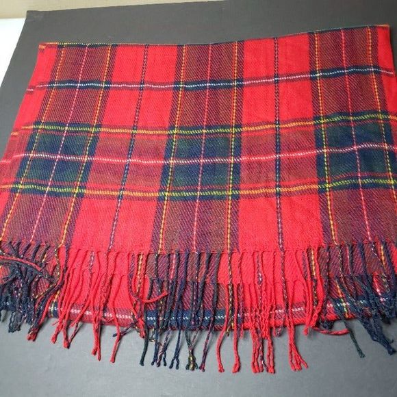 Bright Red Tartan Plaid Long Soft Neck Scarf 24x72 Fringe Fall Cozy - Picture 4 of 8